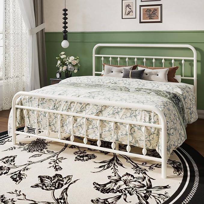 SHA CERLIN King Size Metal Platform Bed Frame with Victorian Style Iron-Art Headboard and Footboard, Easy Assembly, Under Bed Storage, No Box Spring Required, White