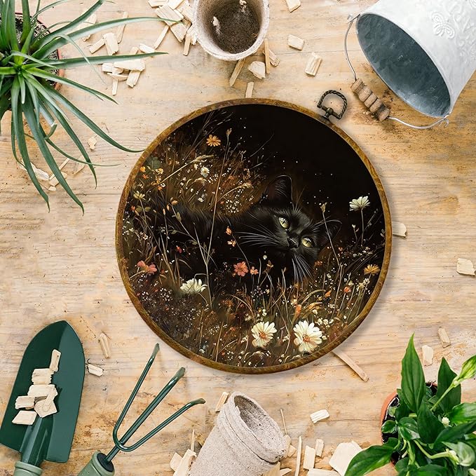 Hiuwevt Black Cat Round Wall Art Decor, Vintage Cottagecore Floral Wildflower Hanging Canvas Prints Artwork Framed, Rustic Dark Academia Maximalist Circular Wall Decor for Home Room, 10x10 Inch