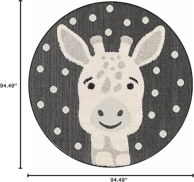 Hauteloom Kids Room, Nursery Round Area Rug - Outdoor Patio Safe - Animal Baby Giraffe Playroom Carpet - Beige, Gray, Black, Cream - 7'10"