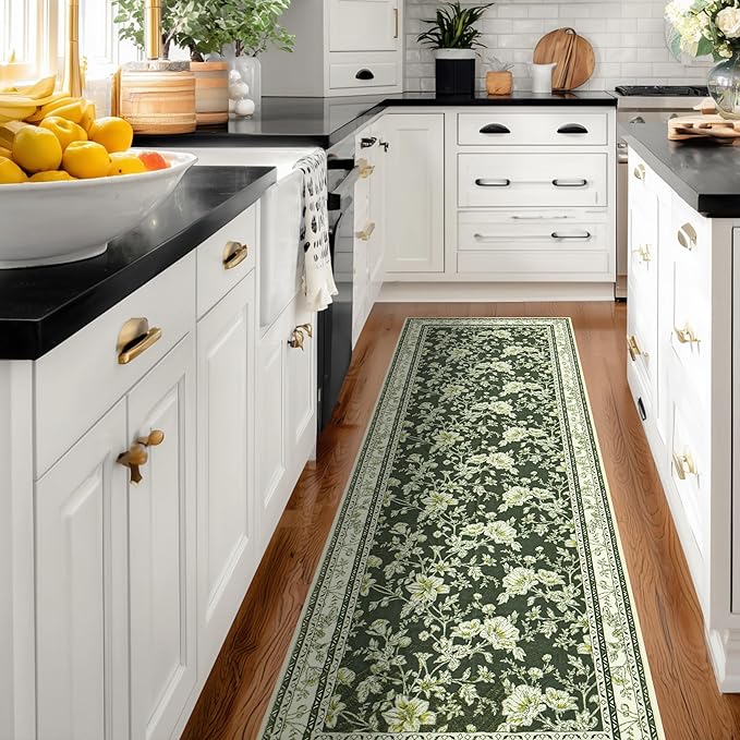 Olive Green Floral Print Area Rugs for Bedroom Living Room Boho Farmhouse Country Rustic Dining Room Carpet Soft Washable Rugs Non Slip Floor Covering for Nursery Playroom 2x6
