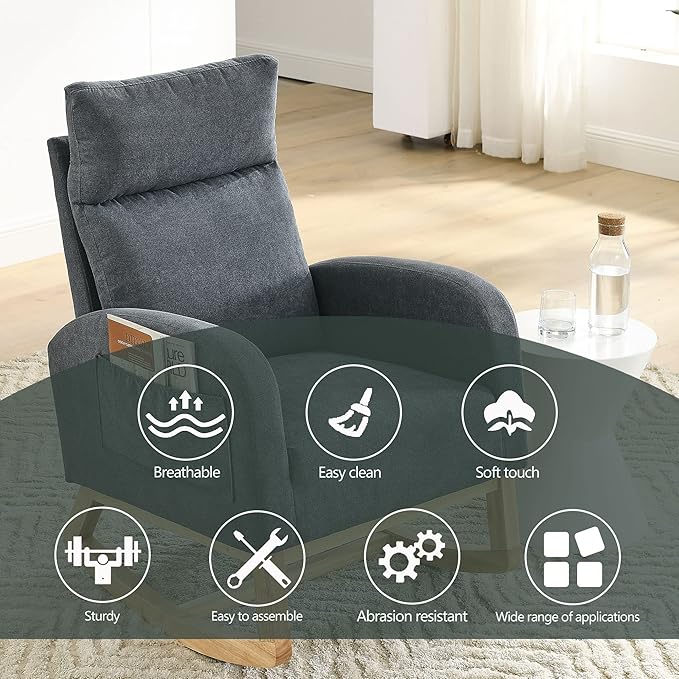Nursery Rocking Chair with Solid Wood Legs, Glider Chair for Nursery with Two Side Pockets, Rocker Armchair for Living Room Bedroom (Dark Grey, Linen Fabric)