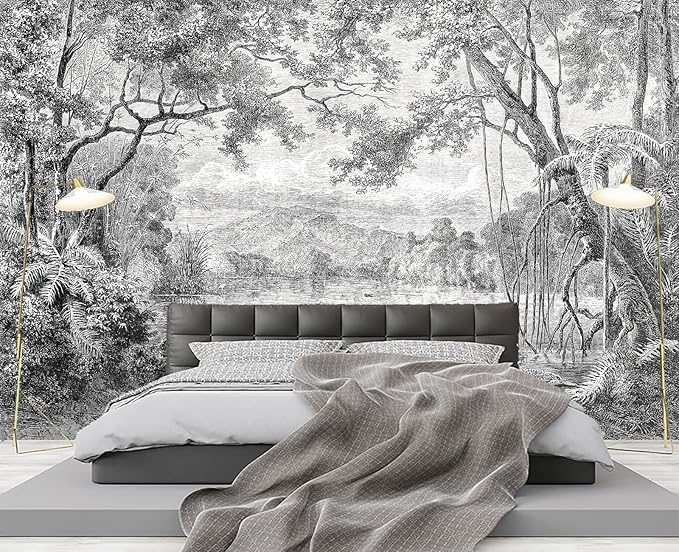 Black and White Tropical Rainforest Wall Mural Wallpaper for Bedroom 137" x 100"