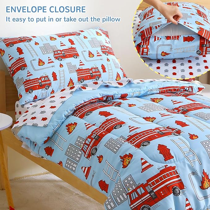 Mooreeke 4 Pieces Toddler Bedding Set - Fire Truck Blue Toddler Comforter Sets for Boys, Includes Comforter, Flat Sheet, Fitted Sheet and Pillowcase, Bed in A Bag for Baby Bedroom