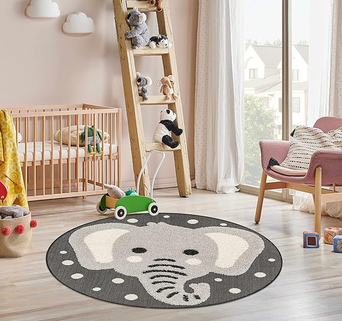 Hauteloom Kids Room, Nursery Round Area Rug - Outdoor Patio Safe - Animal Baby Elephant Playroom Carpet - Beige, Gray, Black, Cream - 7'10"