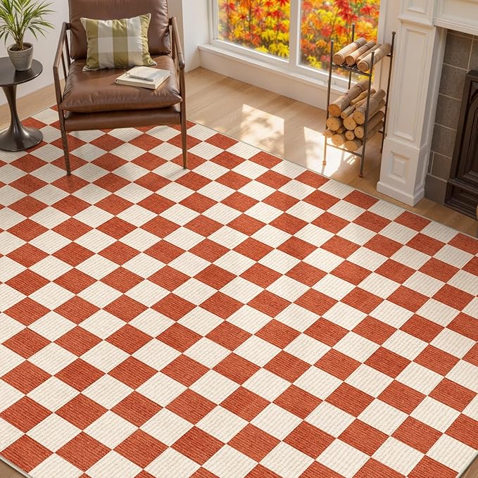 LIVEBOX 8x10 Area Rugs for Living Room, Checkered Non-Slip Washable Rugs, Farmhouse Neutral Classic Halloween Pattern Large Boys Area Rug for Bedroom, Carpet for Dining Room Office(Orange,8'x10')