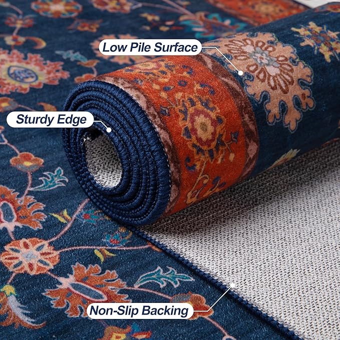Tangsoo Floral Area Rug 4x6 Machine Washable Red Blue Rug Non-Slip Vintage Distressed Boho Print, Low Pile Carpet for Living Room, Bedroom, Dining Room, Pet & Child Friendly (Red Blue)