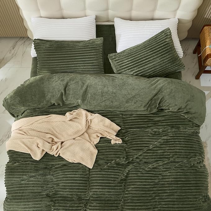 JELLYMONI Plush Duvet Cover Set - Queen Size Green Striped Fluffy Comforter Cover 3pcs Bedding Set Luxury Ultra Soft Faux Fur Duvet Cover with Zipper and 2 Pillowcases (NO Comforter)