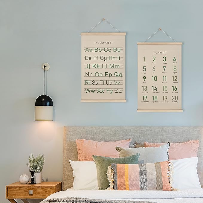 HRQKO Alphabet Numbers Poster Hanger Frame Set of 2, Nursery Wall Decor, Boho ABC Poster Wall Art with Wooden Frames, Sage Green Alphabet Banner Wall Hanging Decor for Toddler Playroom, 16x24 inch