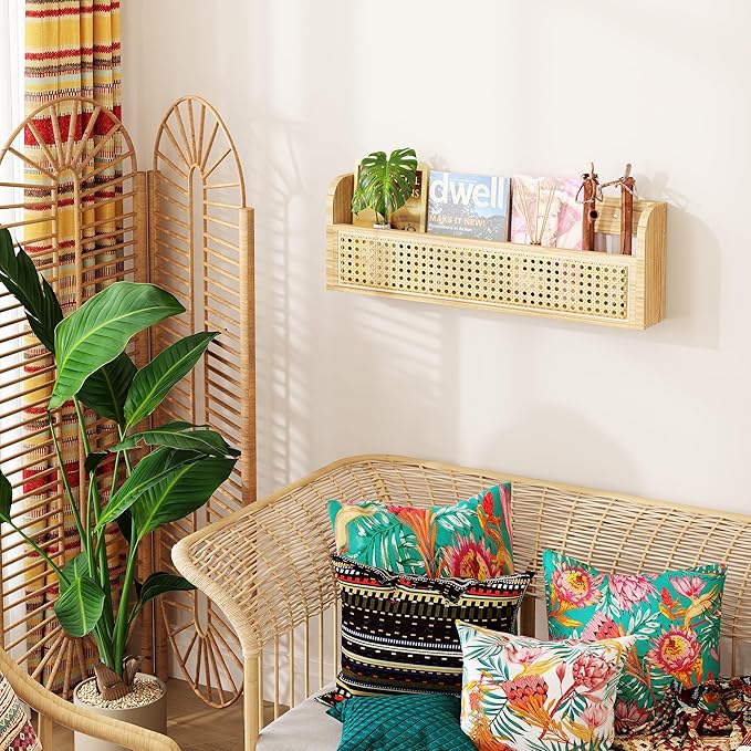 Wooden Rattan Wall Shelf - 24’’ Nursery Hanging Book Shelves for Wall, Picture Ledge Wicker Shelf, Boho Decorative Shelves for Netural Nursery Decor, Floating Rattan Shelf for Office,Bedroom