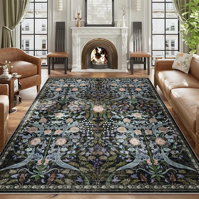 AMTOVO 6x9 Washable Area Rugs for Living Room, Non-Slip Large Soft Boho Floral Vintage Accent Print Carpet for Bedroom Classroom College Dorm Dining Room Farmhouse Nursery Home Office, Black