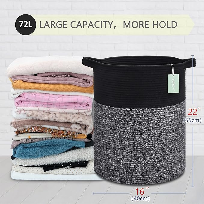 BOSROTY Large Laundry Hamper for Girls Boys Kids 72L, Nursery Hamper, Tall Laundry Basket, Cotton Rope Woven Blanket Basket for Storage Toys Clothes Towels, 16”x 22”, Black & Gray