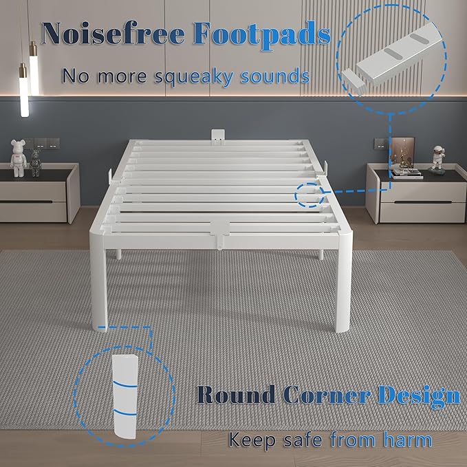 16 Inch Twin Bed Frames, White Twin Metal Bed Frame with Anti-Slip Baffles, No Box Spring Needed, Heavy Duty Steel Platform Supprt, Rounded Corner Legs, Noiseless, Reserved Holes, Storage Space