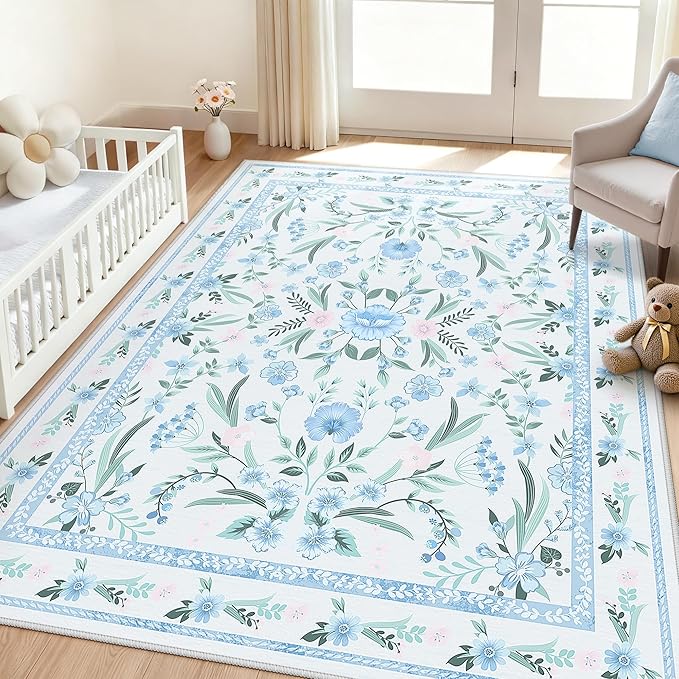Blue Floral Rug 6x9, Washable Area Rug for Living Room, Cute Boho Non-Slip Soft Carpet for Kids Room, Nursery, Girls Bedroom or Office