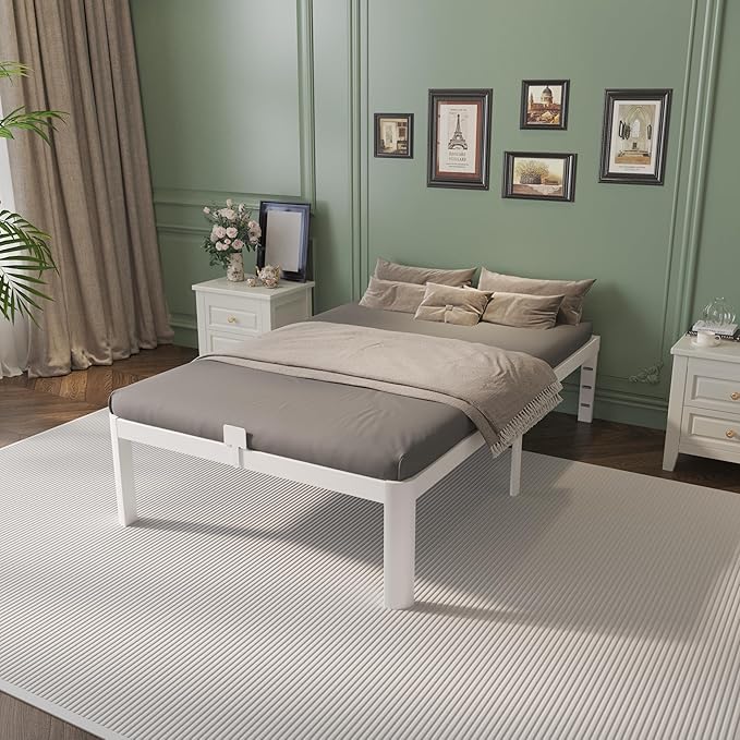 14 Inch Twin Bed Frames with Metal Gaskets, White Bed Frame Twin Size No Box Spring Needed, Heavy Duty Steel Platform Supprt, Rounded Corner Legs, Reserved Holes, Noise Free, Storage Space