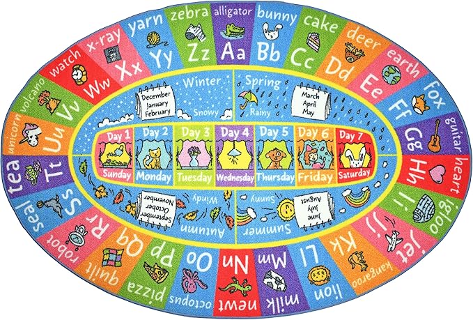 KC Cubs Educational Kids Rug – ABC Alphabet, Seasons, Months & Days Learning Mat – Soft Interactive Carpet for Classroom, Playroom & Bedroom 8x10 Oval