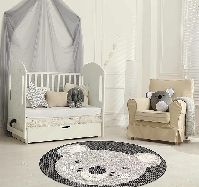 Hauteloom Kids Room, Nursery Round Area Rug - Outdoor Patio Safe - Animal Koala Playroom Carpet - Gray, Black, Cream - 7'10"