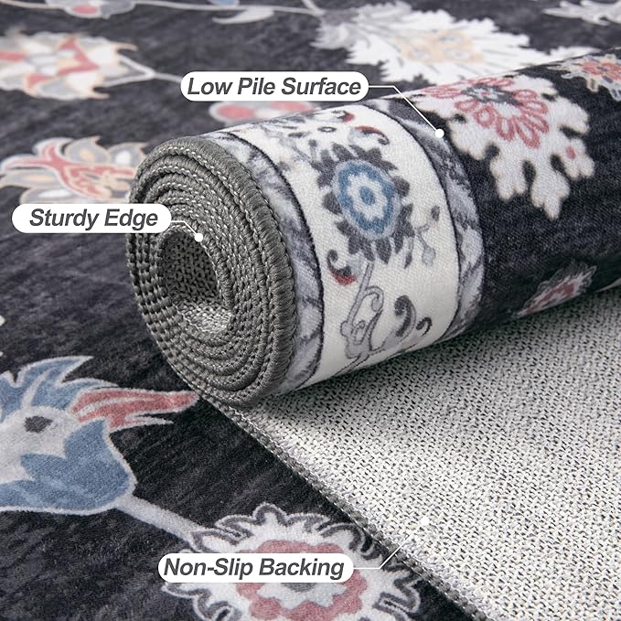 Tangsoo Floral Area Rug 4x6 Machine Washable Rug Non-Slip Vintage Distressed Boho Print, Low Pile Carpet for Living Room, Bedroom, Dining Room, Pet & Child Friendly (Room Decor)