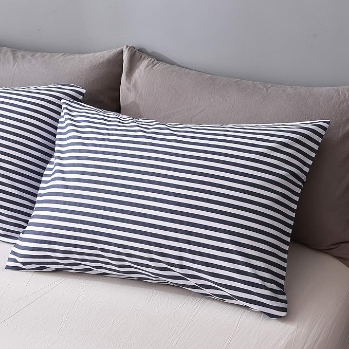 JELLYMONI 100% Natural Cotton 3pcs Striped Duvet Cover Sets,White with Navy Blue Stripes Pattern Printed Comforter Cover,with Zipper Closure & Corner Ties(Queen Size)