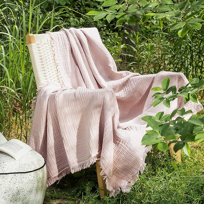 MooMee Muslin Blanket - 100% Cotton 4-Layer Gauze Throw Blanket with All-Around Fringe Ultra-Soft Breathable Lightweight Cooling for Bed Couch (Greyish Pink,Throw XL 50" x 70")