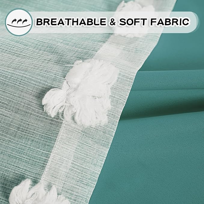 MYSKY HOME Teal Curtains for Kids Room Nursery Curtains 72 Inches Long for Girls Bedroom Double Layer Curtains White Pom Pom Sheer Curtains for Dining Room Grommet Room Darkening Panels W52 X L72