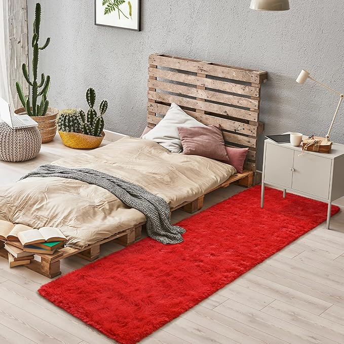 BENRON Soft Runner Rugs for Bedroom 2x8, Washable Long Runners for Hallway Entryway Kitchen Dorm, Fluffy Throw Rug for Kids Girls Room Decor Photo Prop, Red