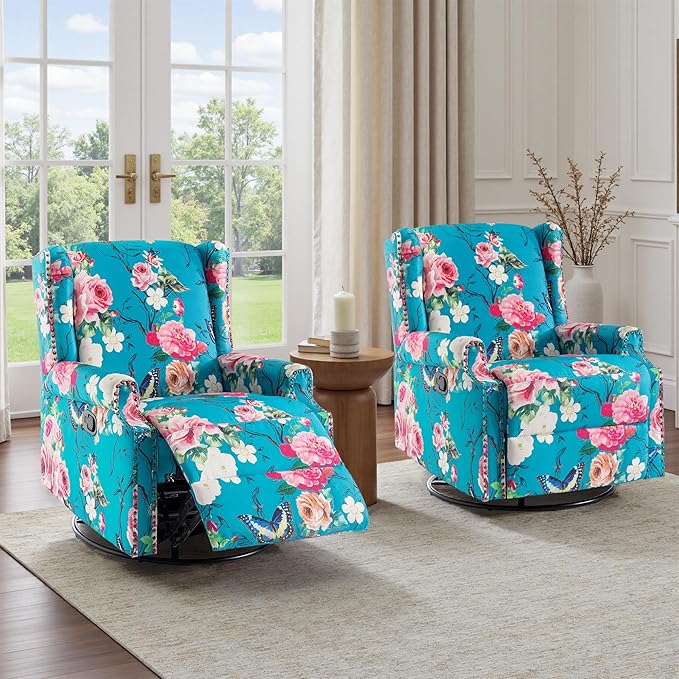 UIXE Floral Swivel Glider Recliner Chairs Set of 2, High Backrest Nursery Rocker Fabric Accent Chair for Living Room, Rivet Trim Upholstered Armchair Manual Reclining Sofa Seating - Peacock Blue