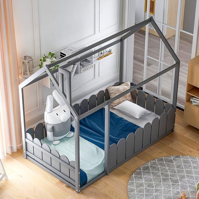Merax Wooden House Bed with Fence-Shaped Guardrail Montessori Bed Frame for Kids, Toddlers, Girls, Boys (Twin,Gray)