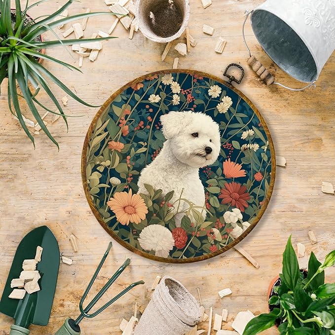 Hiuwevt Vintage Floral Bichon Frise Round Wall Art Decor, Bichon Frise Gifts Framed Canvas Prints, Cottagecore Flower Dog Round Wall Hanging Decor for Home Bedroom Room Decorations, 10x10 Inches