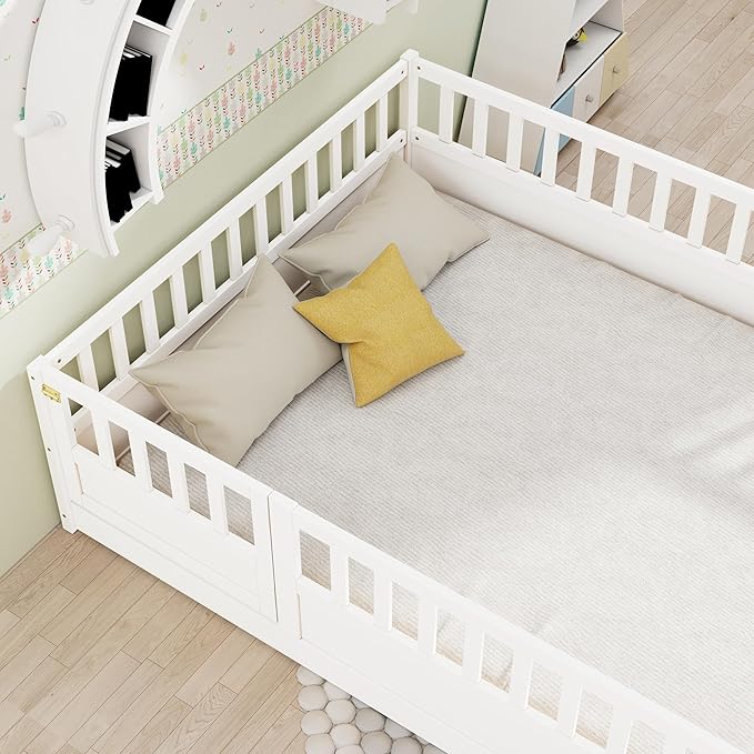 GDFStudio Full Size Floor Bed Frame with Opening Door & Guardrails, Montessori Toddler Full Bed Frame for Boys Girls, Wooden Low to Floor Bed Rails for Toddlers, Support Slat, White