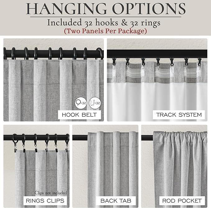 Gray 108 Inch Extra Long Blackout Curtains for Bedroom 2 Panels Set, Boho Room Darkening Pleated Flax Linen Blend Window Curtain 108 Inches Long with Hooks for Patio Sliding Door Decorative Burg