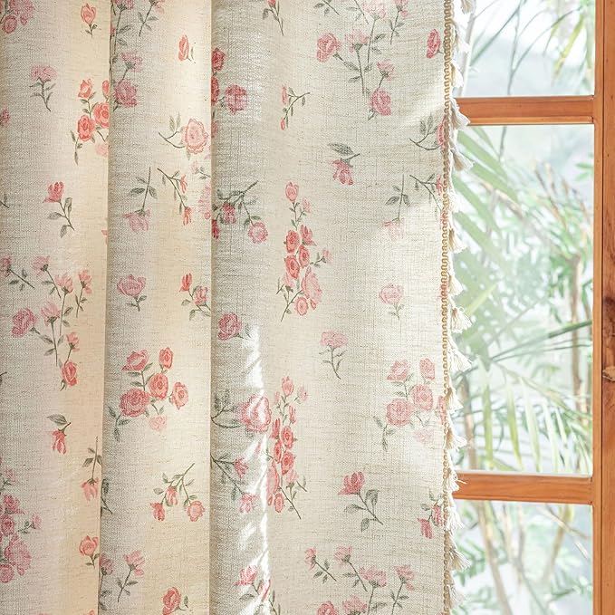 OYX Pink Boho Floral Curtains 84 Inch Long 2 panels, French Vintage Farmhouse Patterned Decor Window Drapes With Tassels, Girls Semi-Sheer Light Filtering For Bedroom Living Room (Rod Pocket, 52Wx84L)