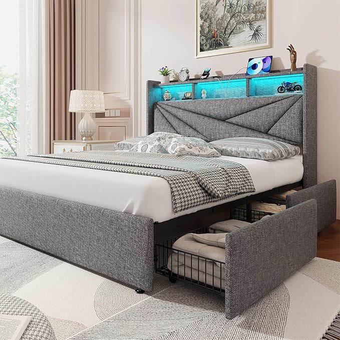 LED Full Size Bed Frame with 4 Storage Drawers, Upholstered Full Bed Frame with 2-Tier Headboard and Charging Station, No Box Spring Needed, Easy to Assembly - Light Grey