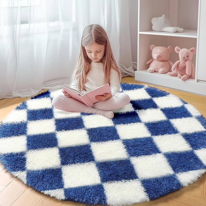 KICMOR Round Rugs 5ft Blue and Cream White Circle Area Rug, Fluffy Soft Fuzzy Shag Shaggy Bedroom Living Room Carpet, Indoor Checkered Circular Rug for Kids Boys Girls Home Decor Aesthetic, Nursery