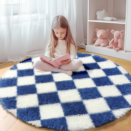 KICMOR Round Rugs 5ft Blue and Cream White Circle Area Rug, Fluffy Soft Fuzzy Shag Shaggy Bedroom Living Room Carpet, Indoor Checkered Circular Rug for Kids Boys Girls Home Decor Aesthetic, Nursery