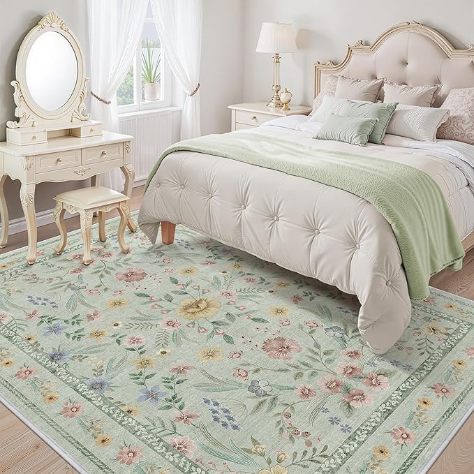 Green Floral Rug for Girls,6x9 Washable Botanical Bedroom Rug for Nursery, Playroom or Kids Room,Soft Non-Slip Carpet for Forest Themed Baby Room Decor