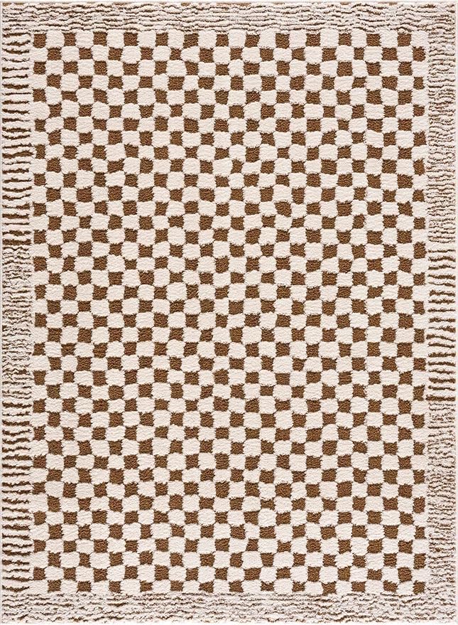Hauteloom Leryn Living Room, Bedroom Area Rug - Checkered - High Pile - Bone - 7'10" x 10'