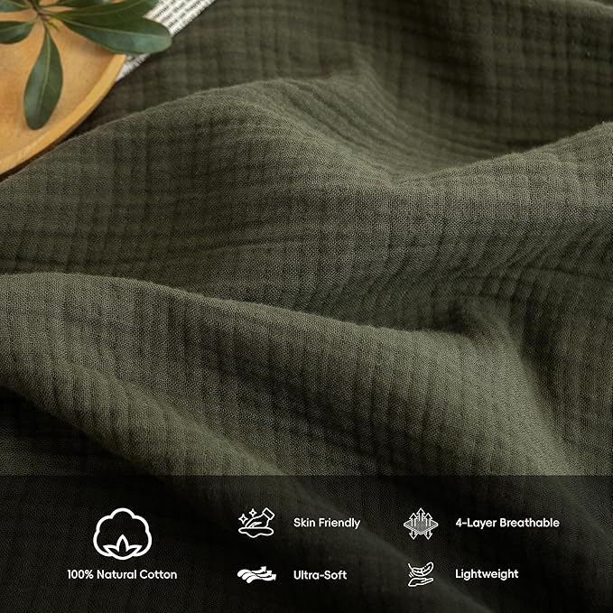 FOSSA Muslin Blanket with Fringe - 4-Layer 100% Cotton Gauze Super Soft & Breathable Throw -Lightweight Decorative Cooling Blanket for Bed, Sofa, Office -Super King Size 108" × 98" (Olive Green)