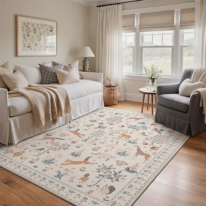 4x6 Rug Washable Area Rug Non Slip,Floral Animal Print Low Pile Small Carpet for Bedroom, Entryway, Living Room,Playroom, Beige