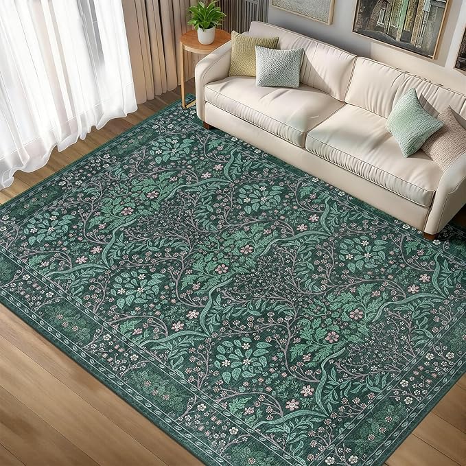 Washable Rug 5x7 Area Rug,Dark Green Living Room Rug for Entryway Bedroom Farmhouse Nursery Home Office，Low Pile Stain & Slip Resistant Large Carpet for Bedroom