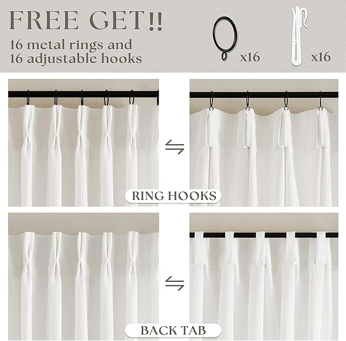 Off White Linen Pinch Pleated Curtains 80 Inches Long 2 Panels for Living Room Bedroom Beige White Textured Linen Pleated Hooks Rings Back Tab Boho Neutral Light Filter Curtain Drapes 80 Inch Length