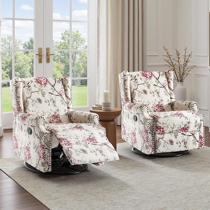 UIXE Floral Swivel Glider Recliner Chairs Set of 2, High Back Nursery Rocker Fabric Accent Chair for Living Room, Rivet Trim Upholstered Armchair Manual Reclining Sofa Seating - Beige Floral