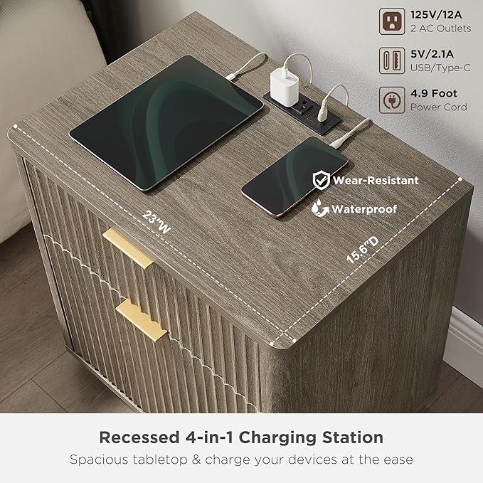T4TREAM 23'' Fluted Nightstand with Charging Station, Large 2 Drawer Side Table, Modern End Table with Storage, Mid Century Bedside Table for Bedroom, Living Room, Curved Profile, Grey Alder