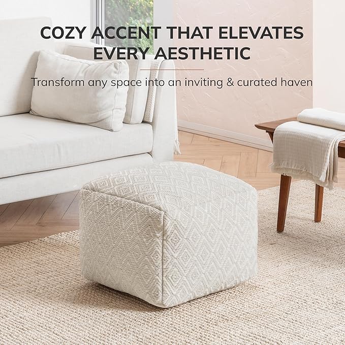 Anji Mountain 100% Handmade & Handcrafted Comfortable Home Décor Pouf Ottoman Footrest for Living Room, Bedroom, Nursery, Kidsroom, Patio Furniture - (22" x 22" x 16" - Ivory)