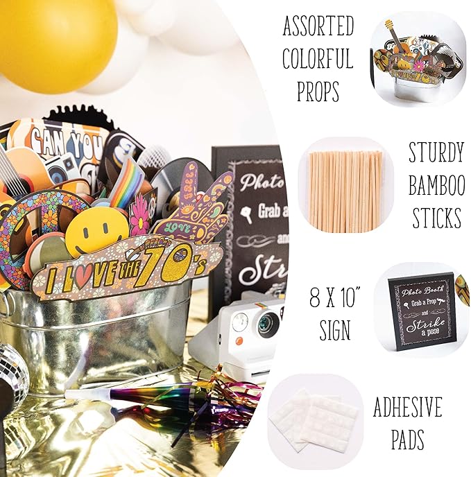 70s Photo Booth Props - 41-pc Disco Photo Booth Kit with 8 x 10-Inch Sign, 60 Adhesive Pads, 45 Sticks - Disco Photo Booth Props - 70's Party Props - 70s Decorations