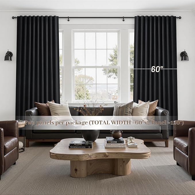 Black Out Curtains 60 Inches Extra Wide Luxury Linen Curtains 96 Inch Length for Living Room, Pleated Farmhouse Bedroom Thermal Heavy Drapes for Winter Thick Large Window 60"W x 96"L 2 Panels