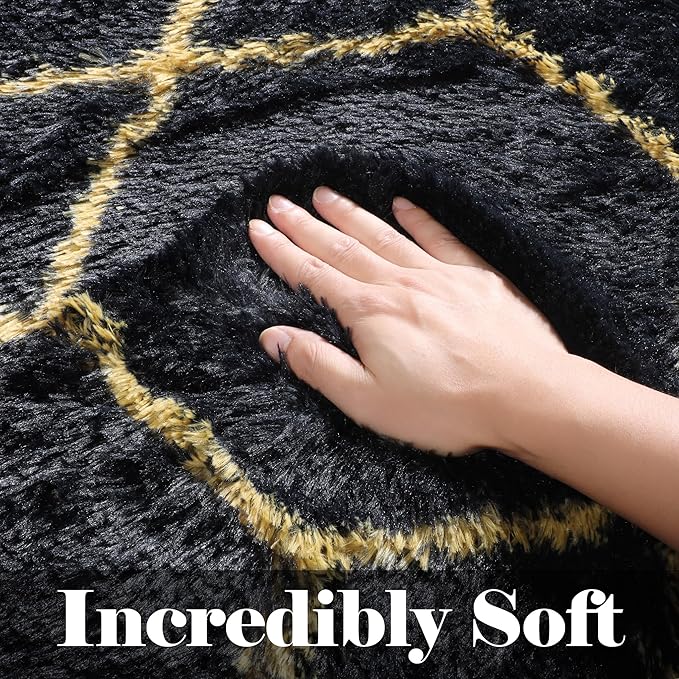 ONASAR Area Rugs for Bedroom Living Room, Washable 4x6 Fluffy Black and Gold Throw Rug, Shaggy Geometric Floor Mat for Home Decor, Soft Plush Carpet for Kids Teen Playroom Dorm Classroom Office