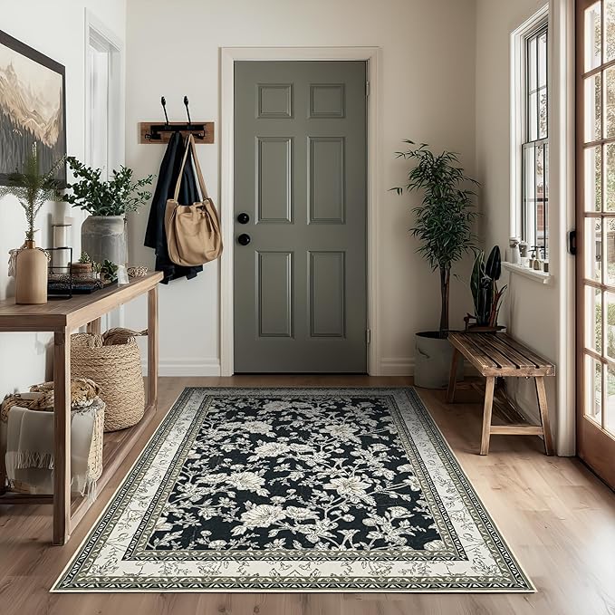 3x5 Black Floral Area Rug for Entryway Soft Washable Modern Boho Farmhouse Rug Non-Slip Taupe Beige Sketch Style Flower Vintage Aesthetic Carpet for Dorms, Bedroom, Office, Dining Room Door Mat 3x5
