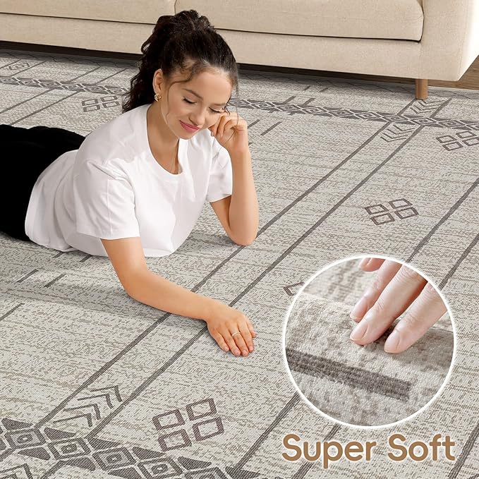 Area Rugs for Living Room Washable Living Room Rug Soft Neutral Indoor Floor Carpet Non-Slip Stain Resistant Modern Boho Rugs for Bedroom Dining Room Kids Room Nursery Office Home Grey Brown