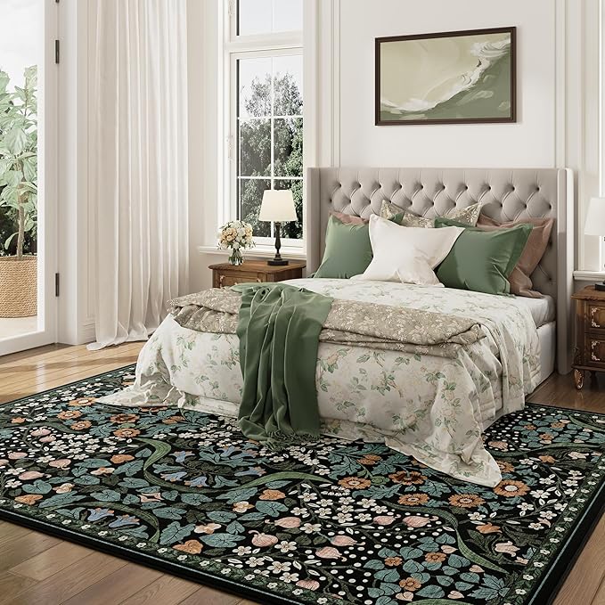 6x9 Green Floral Washable Area Rug for Living Room, Non-Slip Soft Vintage Boho Carpet, Botanical Forest Green Low Pile Rugs for Bedroom, Dinning Room, Dorm, Nursery, Black and Green