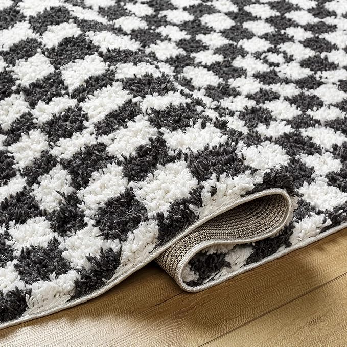 Hauteloom Kieu Contemporary Checkered Fluffy Shag Area Rug - Modern Geometric Soft Carpet Tiles for Living Room, Kids Room, Nursery - Black, White - 8'10" x 12'